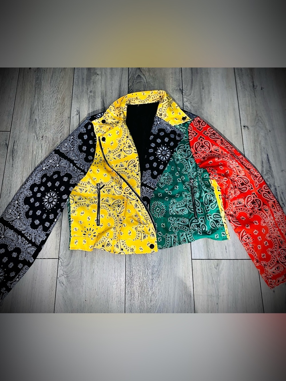 Women’s Multicolor Bandana Patchwork Moto Jacket Sz M NWOT